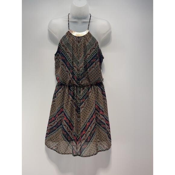 Love Reign Geometric Print Halter Spaghetti Strap Dress Green Red Women’s Size S - Picture 1 of 10